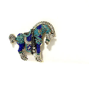 Oversized Sparkling Blue Fashion Crystalized Horse Statement Silver Brooch | NWT
